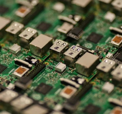 Detailed shot of a Raspberry Pi circuit board showcasing its components, USB ports, and microchips.